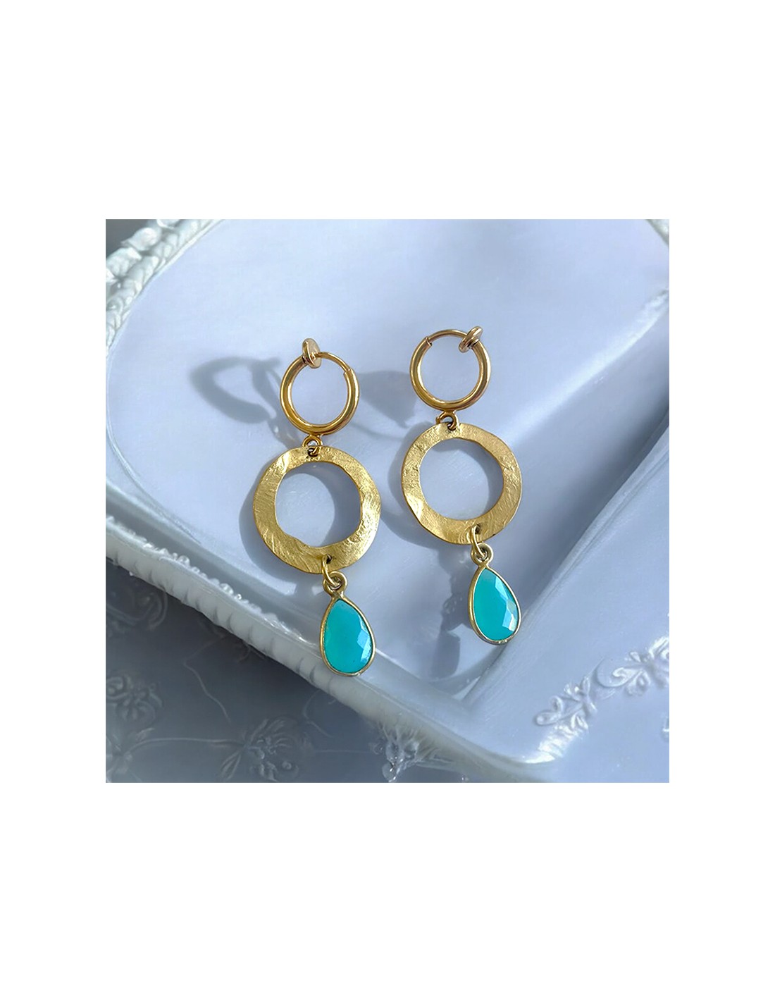 Boucles D'oreilles Clip Art Déco éventail CZ Vert - Non Percées - Réalisées à La Main