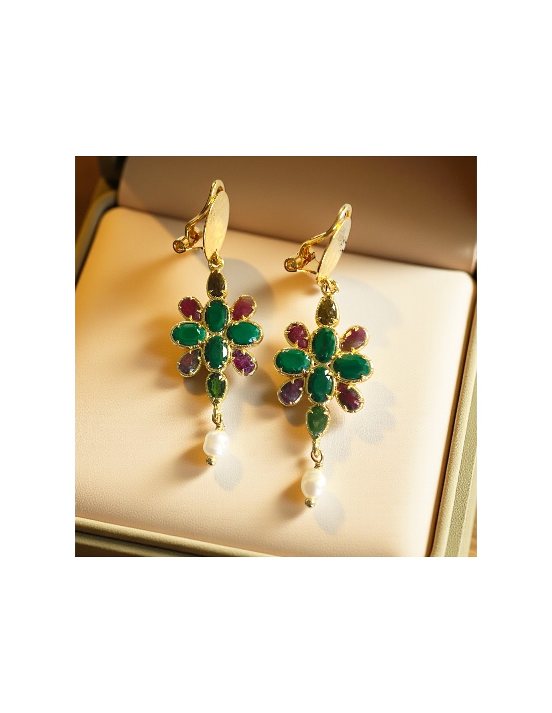 Boucles d'Oreilles Clip on Doré Chandelier Grape Raisin Stra