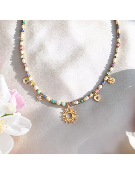 Collier Bohème perles d'eau douce et pierres fines