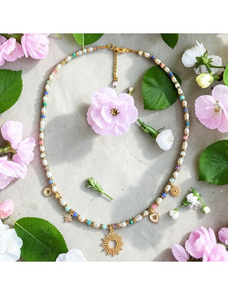 Collier Bohème perles d'eau douce et pierres fines