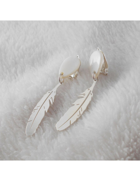 Boucle d'oreille clip plume argent