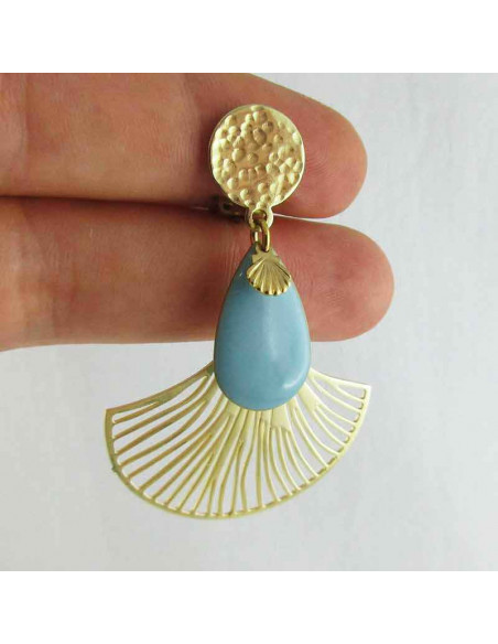 Boucle d'oreille clip éventail bleu ciel