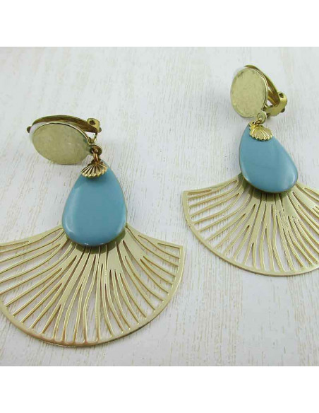 Boucle d'oreille clip éventail bleu ciel