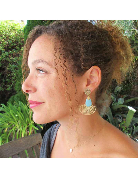 Boucle d'oreille clip éventail bleu ciel