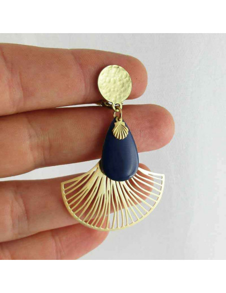 Boucle d'oreille clip éventail bleu marine