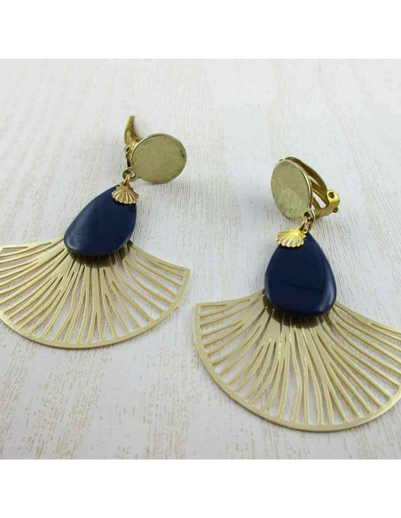 Boucle d'oreille clip éventail bleu marine