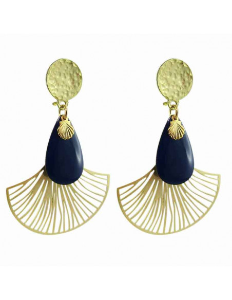 Boucle d'oreille clip éventail bleu marine