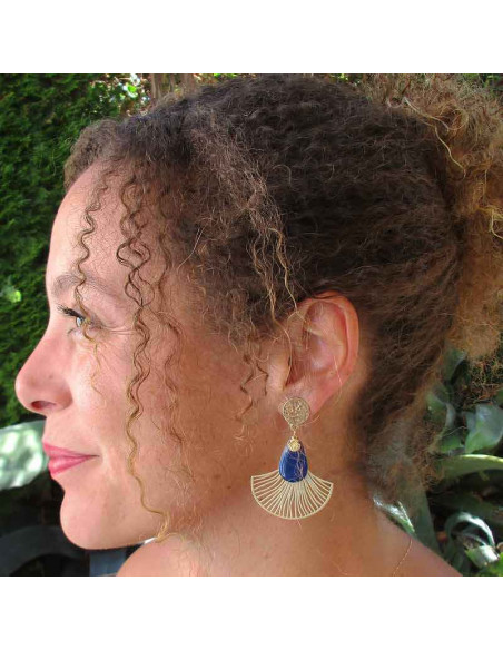 Boucle d'oreille clip éventail bleu marine