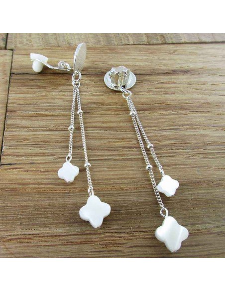 Boucles d'oreilles clips argent pendantes nacre