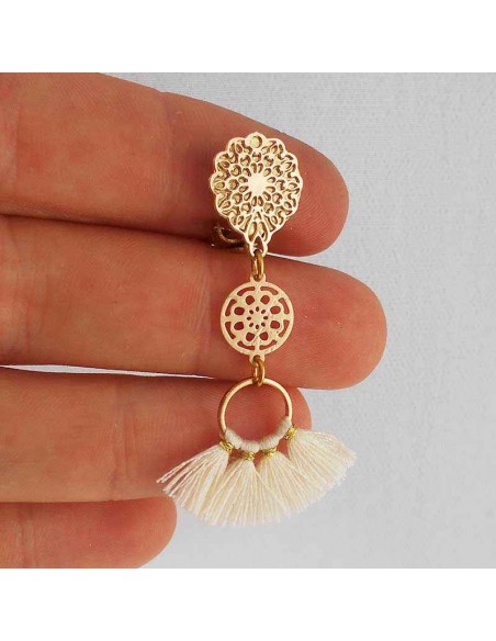 Boucles d'oreilles clips pompon blanc tahiti