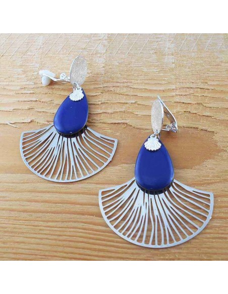 Boucles d'oreilles clip Eventail bleues