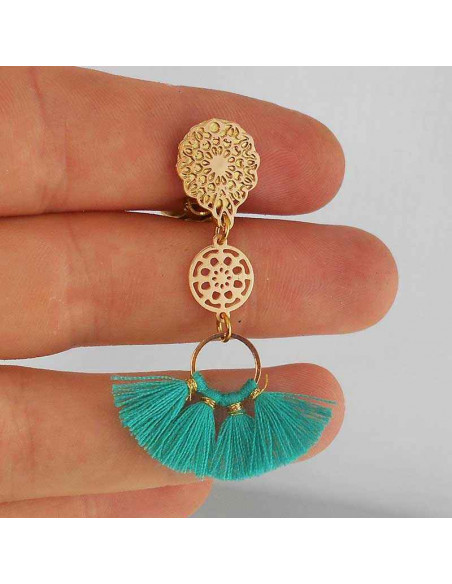 Boucle d'oreille clip pompon turquoise