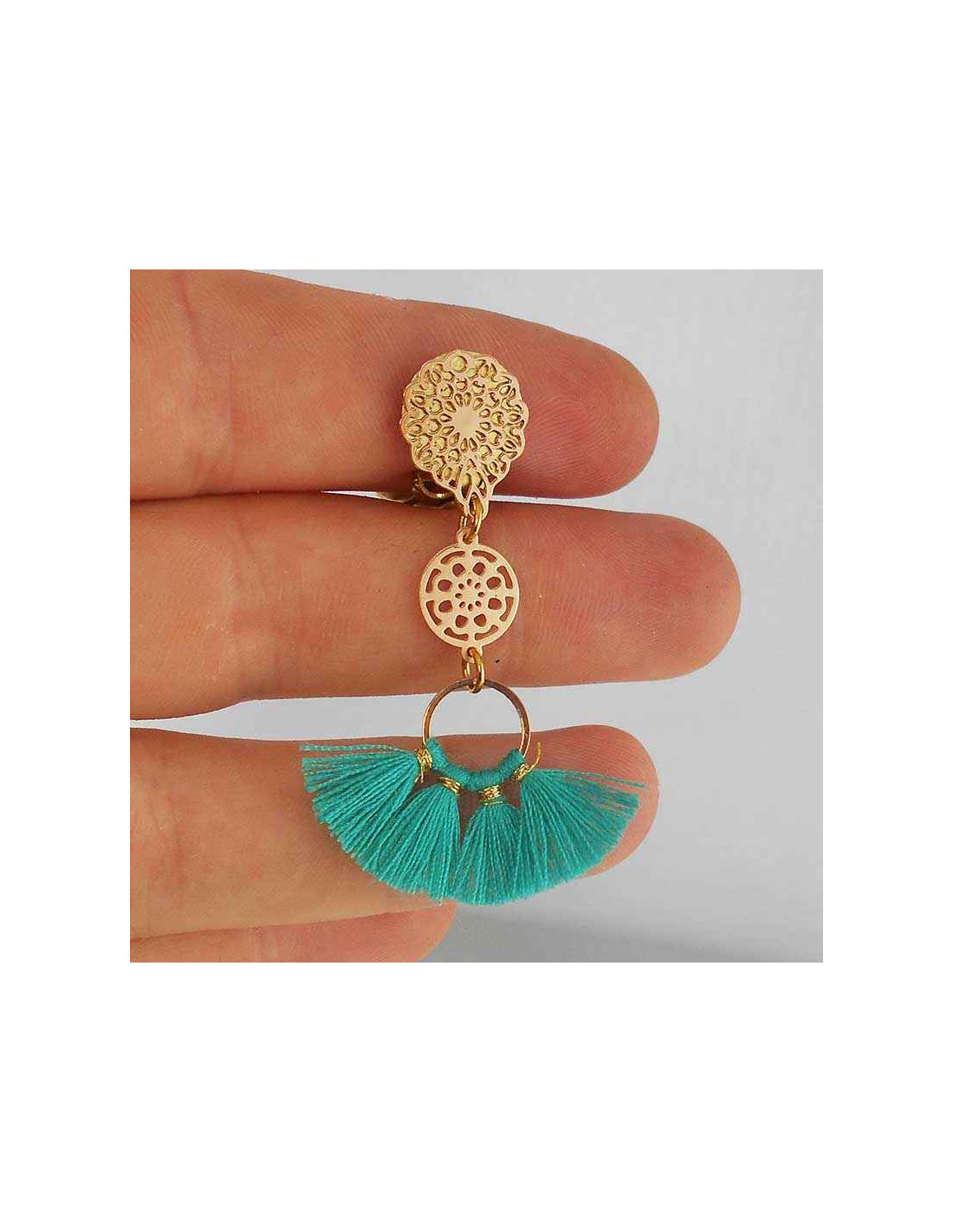 Boucle d'oreille clip pompon turquoise