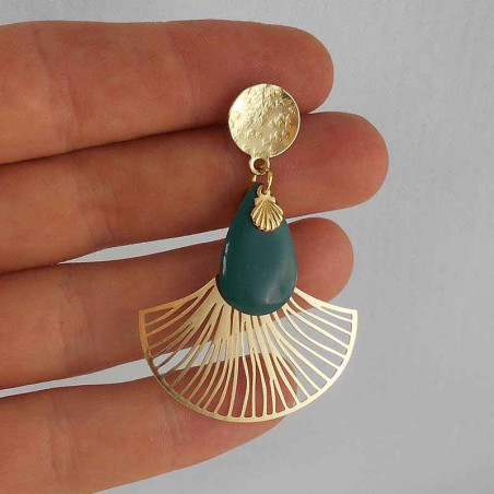Boucle d'oreille clip Eventail vert