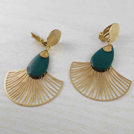 Boucle d'oreille clip Eventail vert