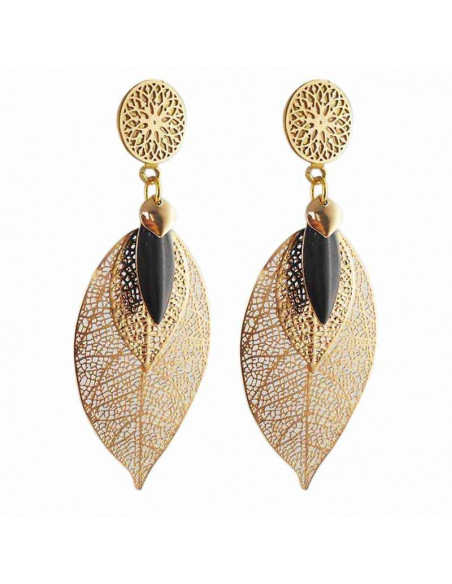 Boucle d'oreille clip doré feuille noire