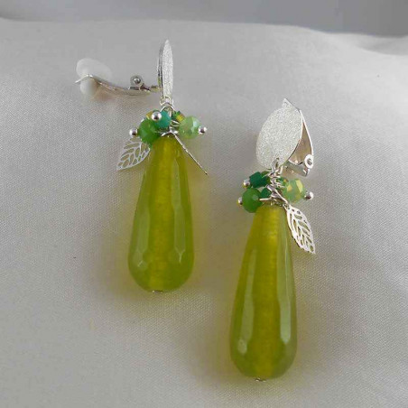 Boucle d'oreille clip jade verte argenté