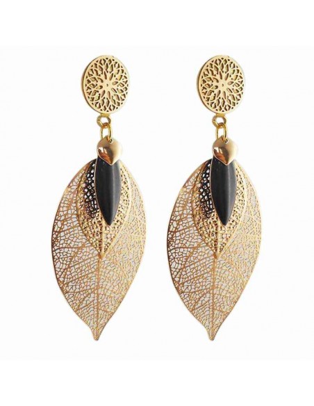 Boucle d'oreille feuille dorée noire