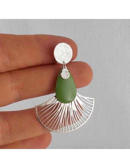 Boucle d'oreille clip Eventail vert