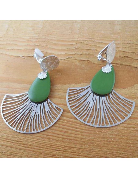 Boucle d'oreille clip Eventail vert