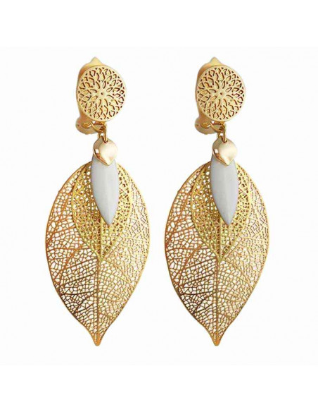 Boucles d'oreilles clips dorées feuilles blanches