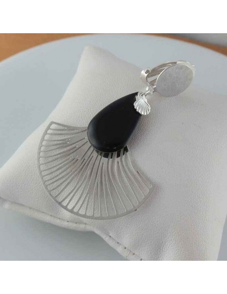 Boucle d'oreille clip éventail noir argenté