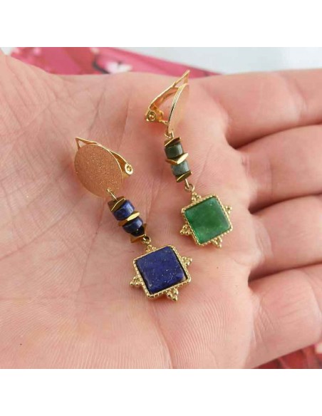 Boucles d'oreilles clips lapis malachite