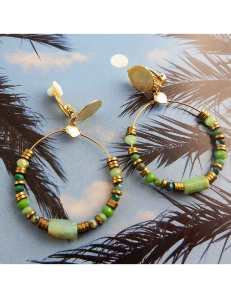 Boucles d'oreilles clips créoles malachite