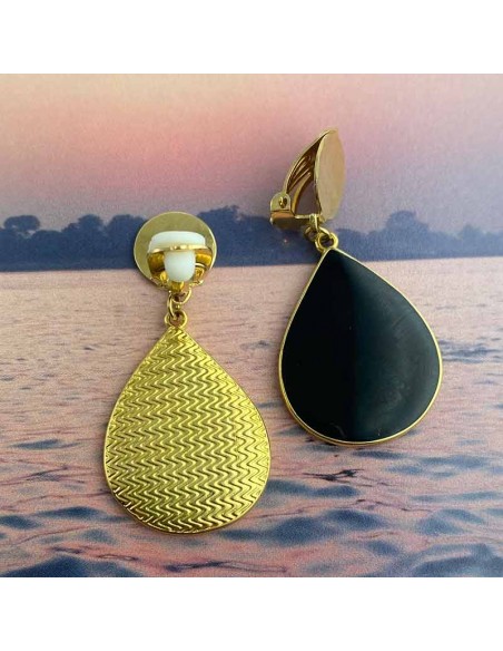 Boucle d'oreille clip goutte noire