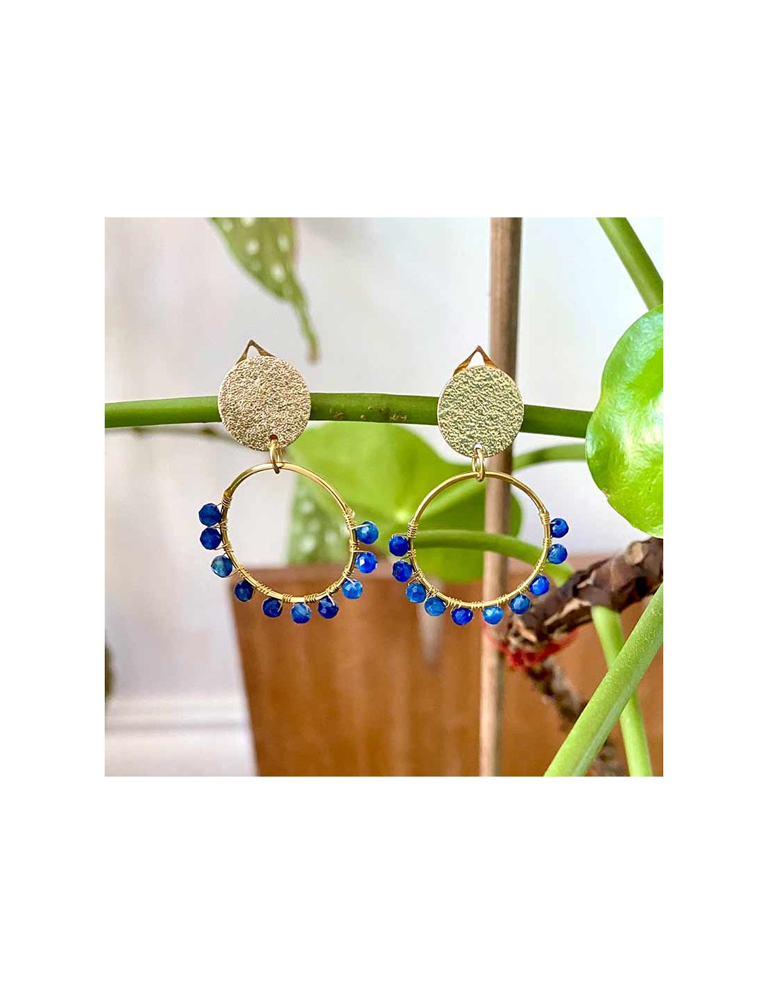 Boucles D'oreilles Pendantes Clips - Bleu électrique/roi/marine/blanc - Cuir Et émail - Neuf
